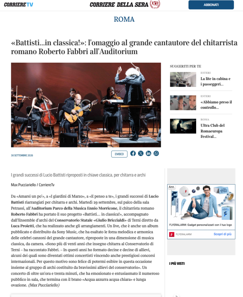 «Battisti…in classica!»: l'omaggio al grande cantautore del chitarrista romano Roberto Fabbri all'Auditorium